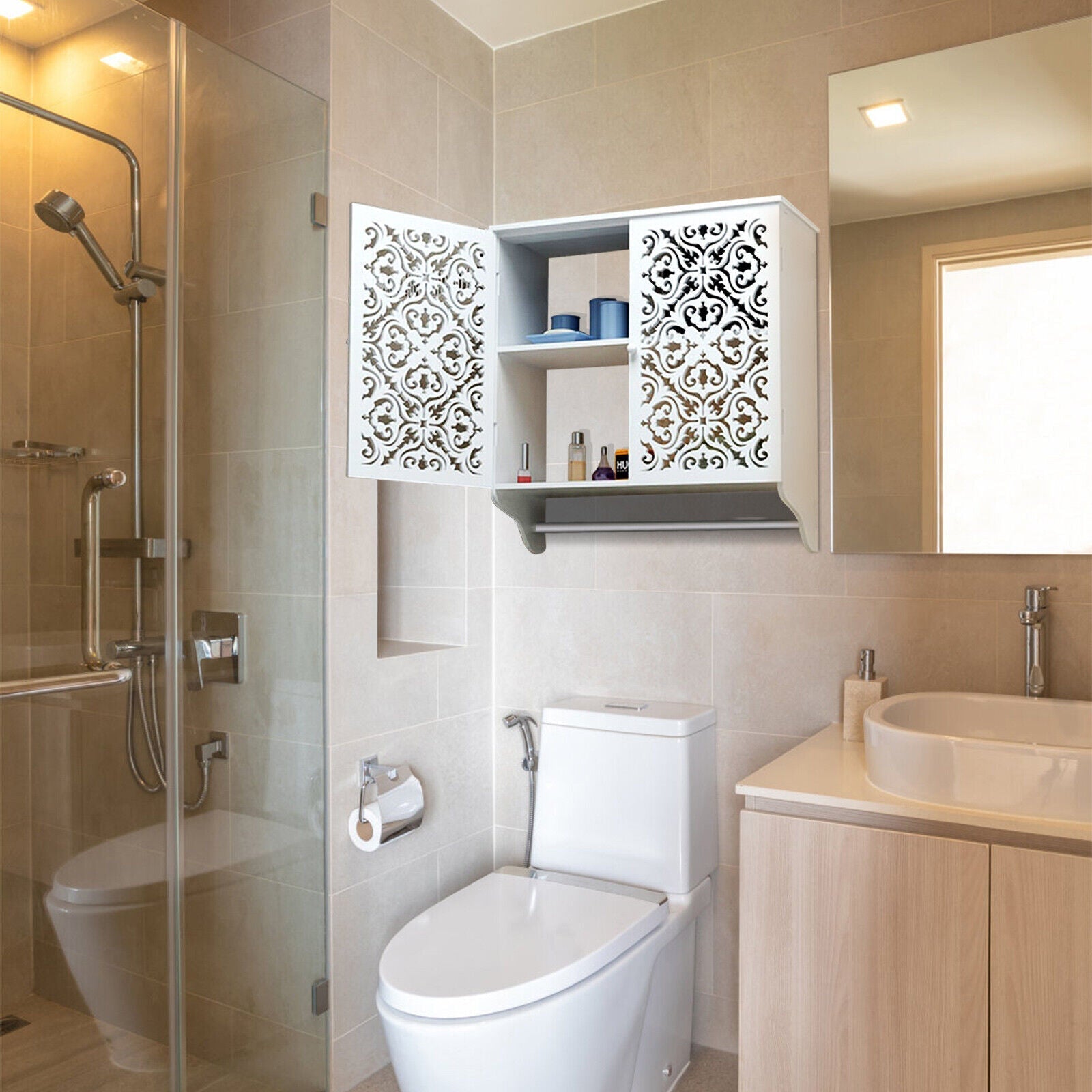 Wall-Mounted Bathroom Cabinet with Integrated Towel Rod